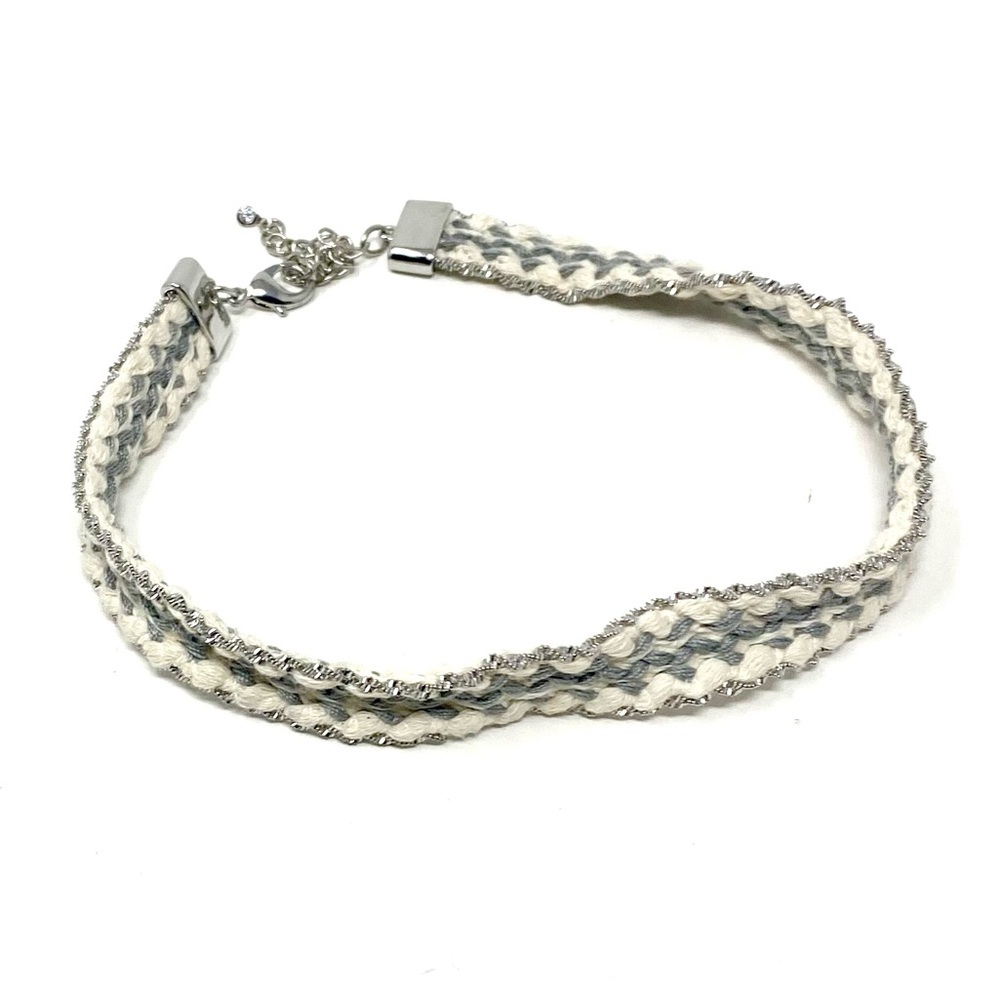 New Free People Woven Textile Chocker Necklace Silver Cream